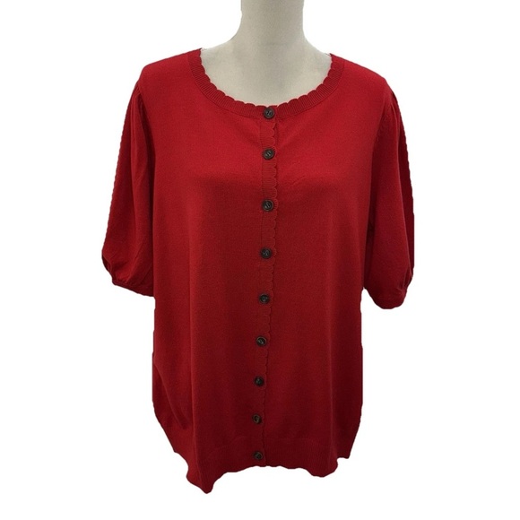 La Vila Milano Red Short Sleeve Cardigan Sweater Women’s Plus 1X Scalloped - Picture 1 of 9